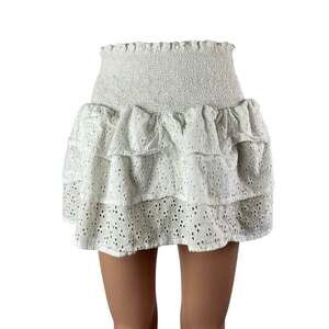 Lolli White Smocked Embroidered Eyelet Tiered Ruffle High Waist Mini Skirt Sz M